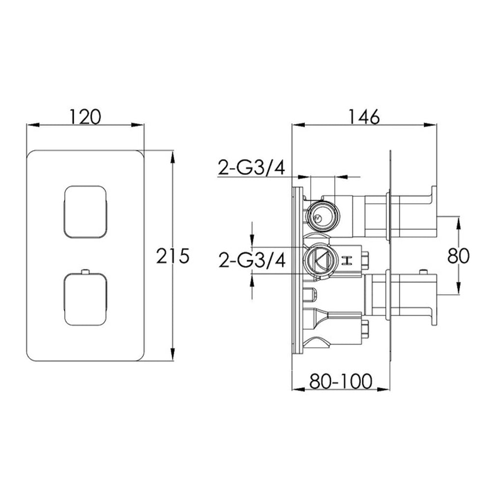 Chrome thermostatic shower valve - Technical Drawing