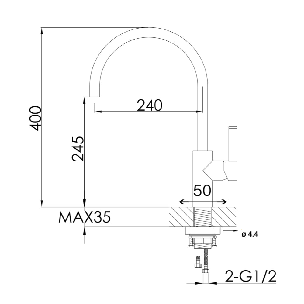 Black kitchen tap technical drawing