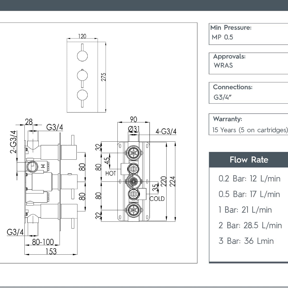 2 Outlet with 3 Handles Concealed Bath and Shower Valve