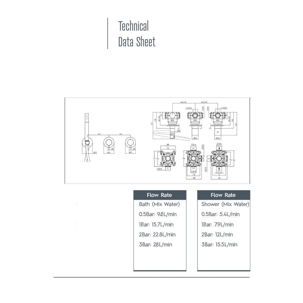 Concealed shower valve with handset - Technical drawing