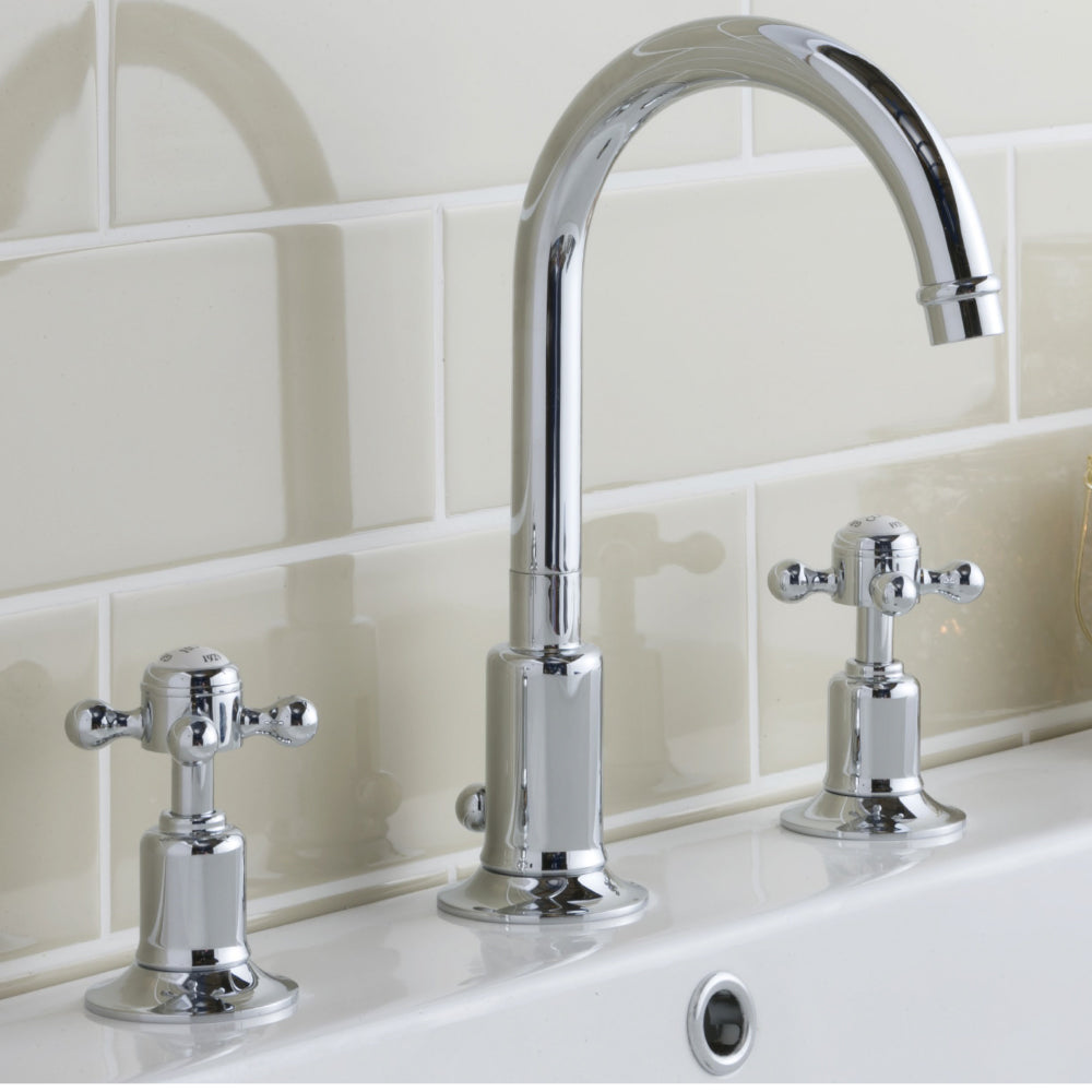 Traditional chrome 3-hole basin mixer with swan neck spout