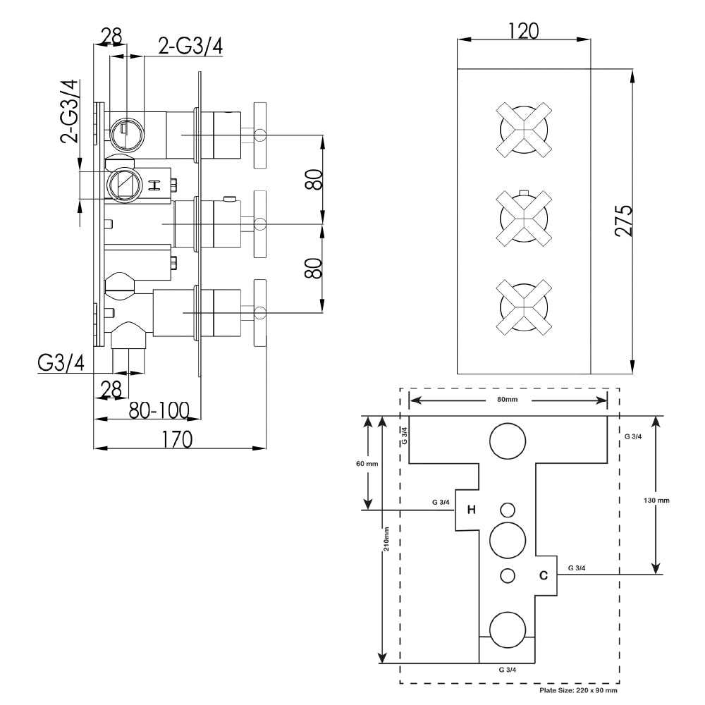 Thermostatic shower valve - Technical drawing