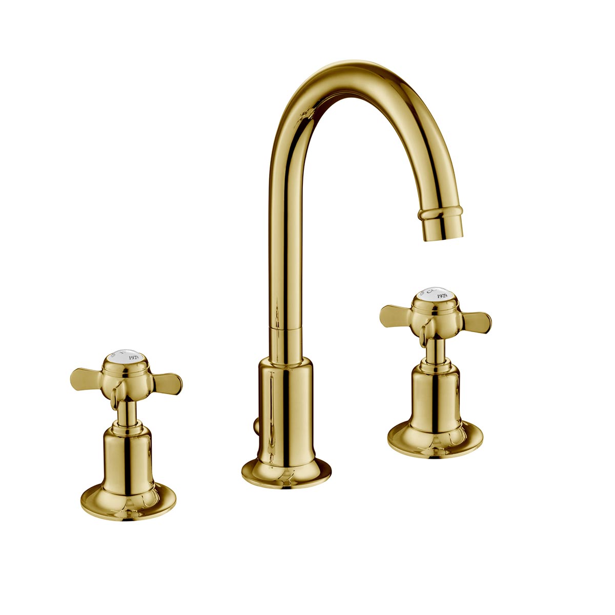 3- Hole Deck Mounted Basin Mixer Pinch Handles and Click Clack Waste - Polished Gold