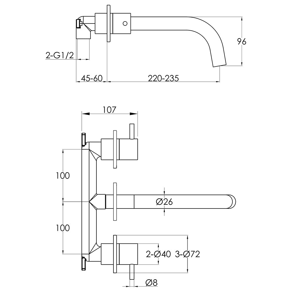 3-hole basin mixer tap technical drawing