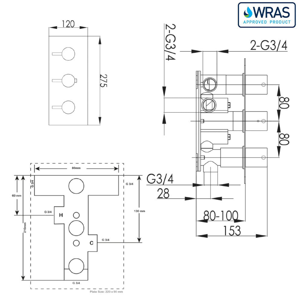 Concealed shower valve 3 way - Technical drawing