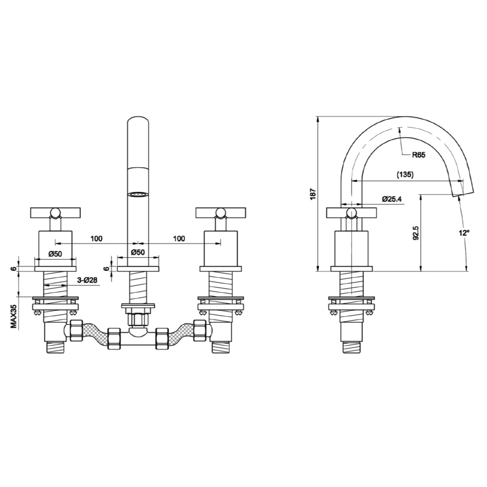 Chrome deck mounted basin mixer tap - Technical drawing
