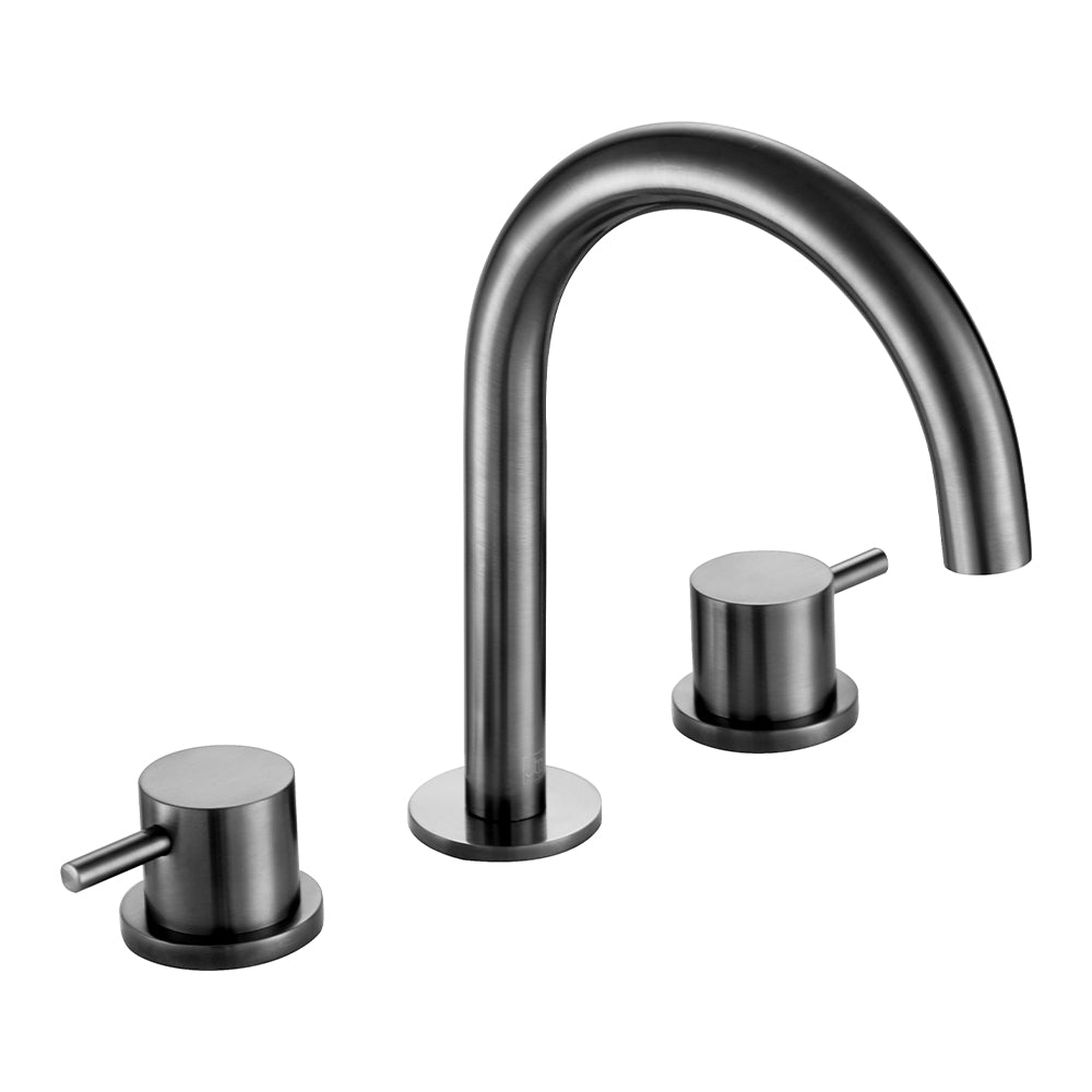 Black deck-mounted sink tap with dual lever control