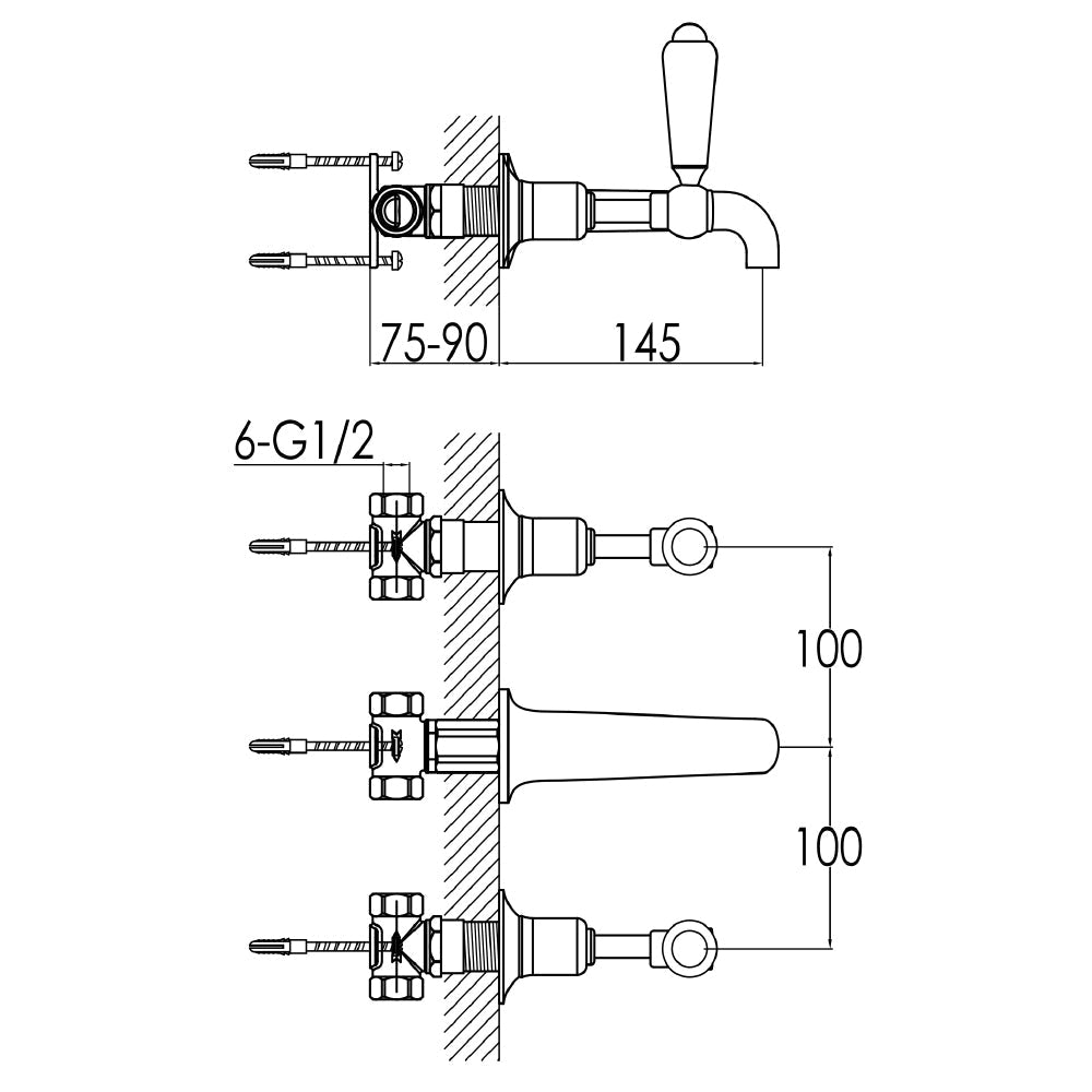 Traditional wall basin mixer tap - Technical drawing