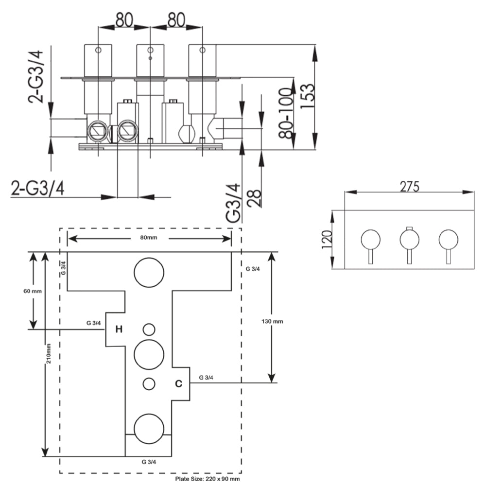 Concealed thermostatic shower valve - Technical Drawing