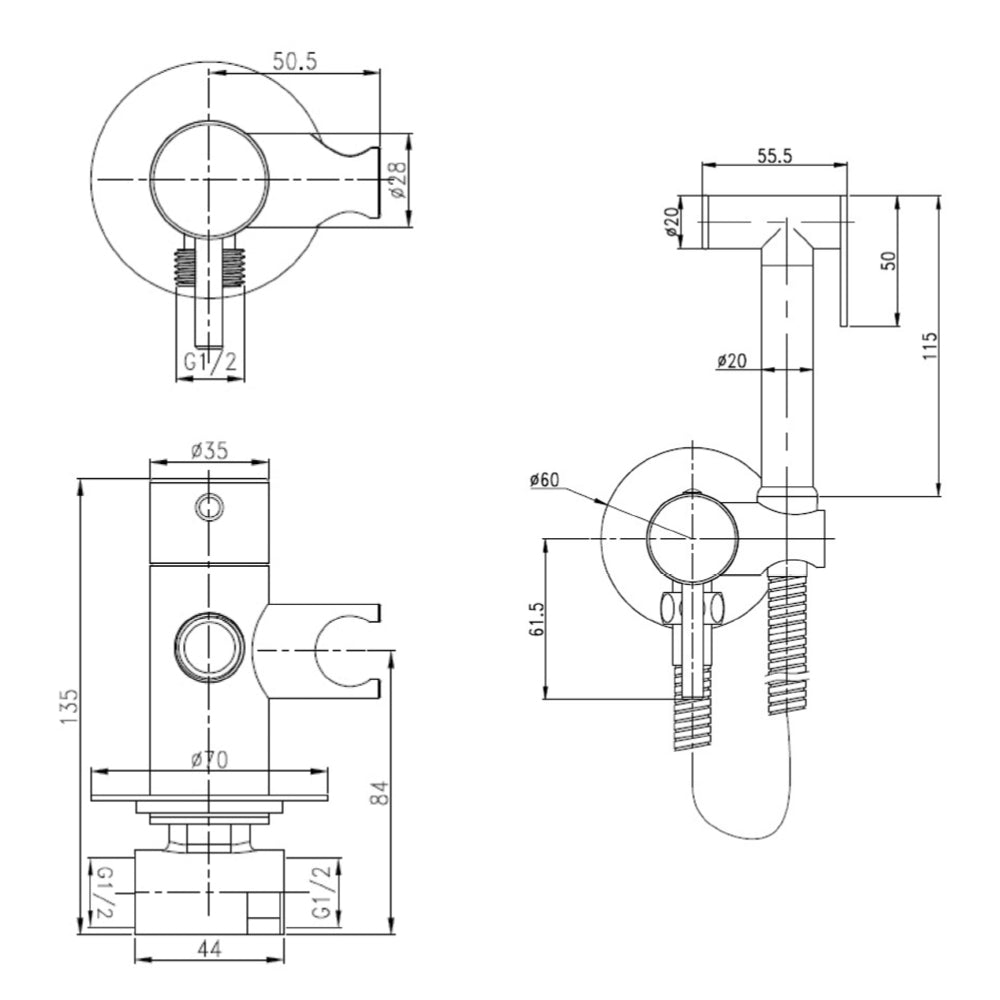 Round Douche Toilet Spray Kit - Technical Drowing