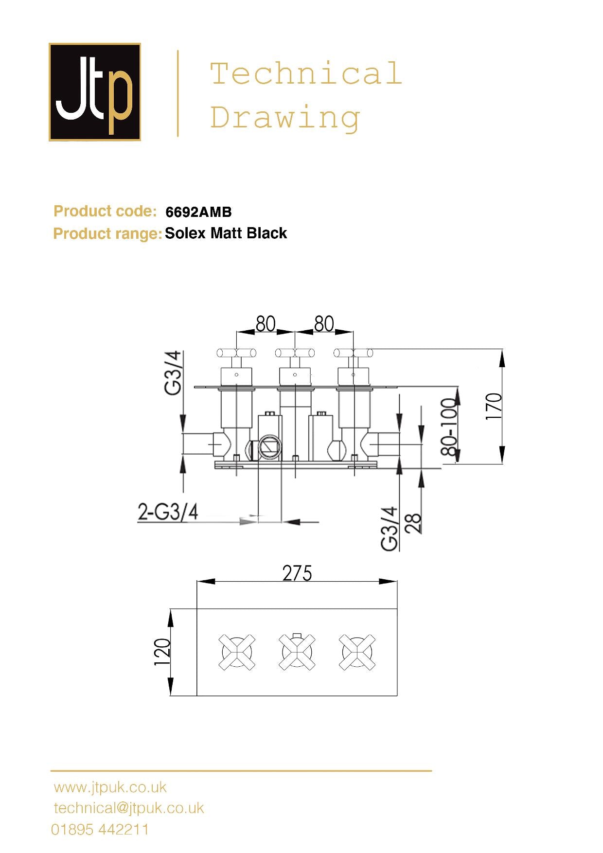 3 outlet black thermostatic concealed shower valve - Technical drawing