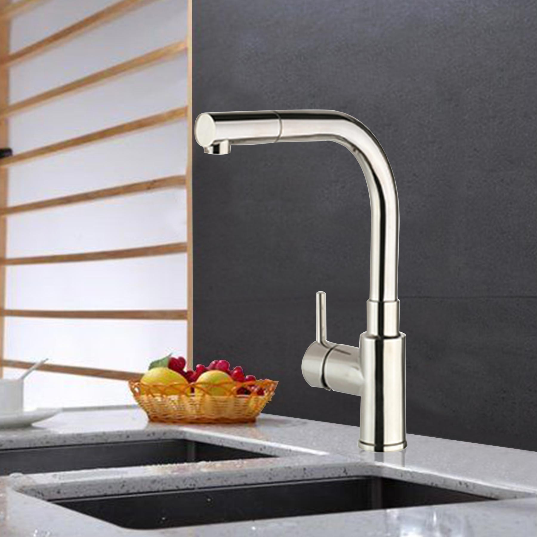Brushed stainless steel pull out kitchen tap
