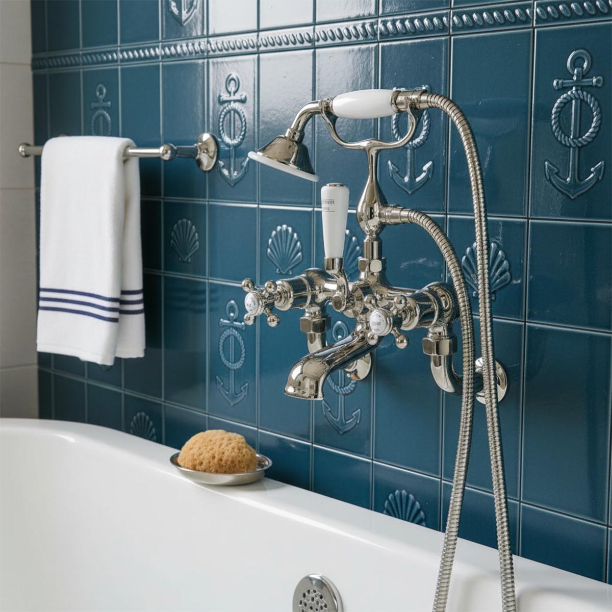 A vintage-style chrome bathtub faucet set with a handheld shower hose, mounted on a glossy blue tiled wall above a white bathtub.
