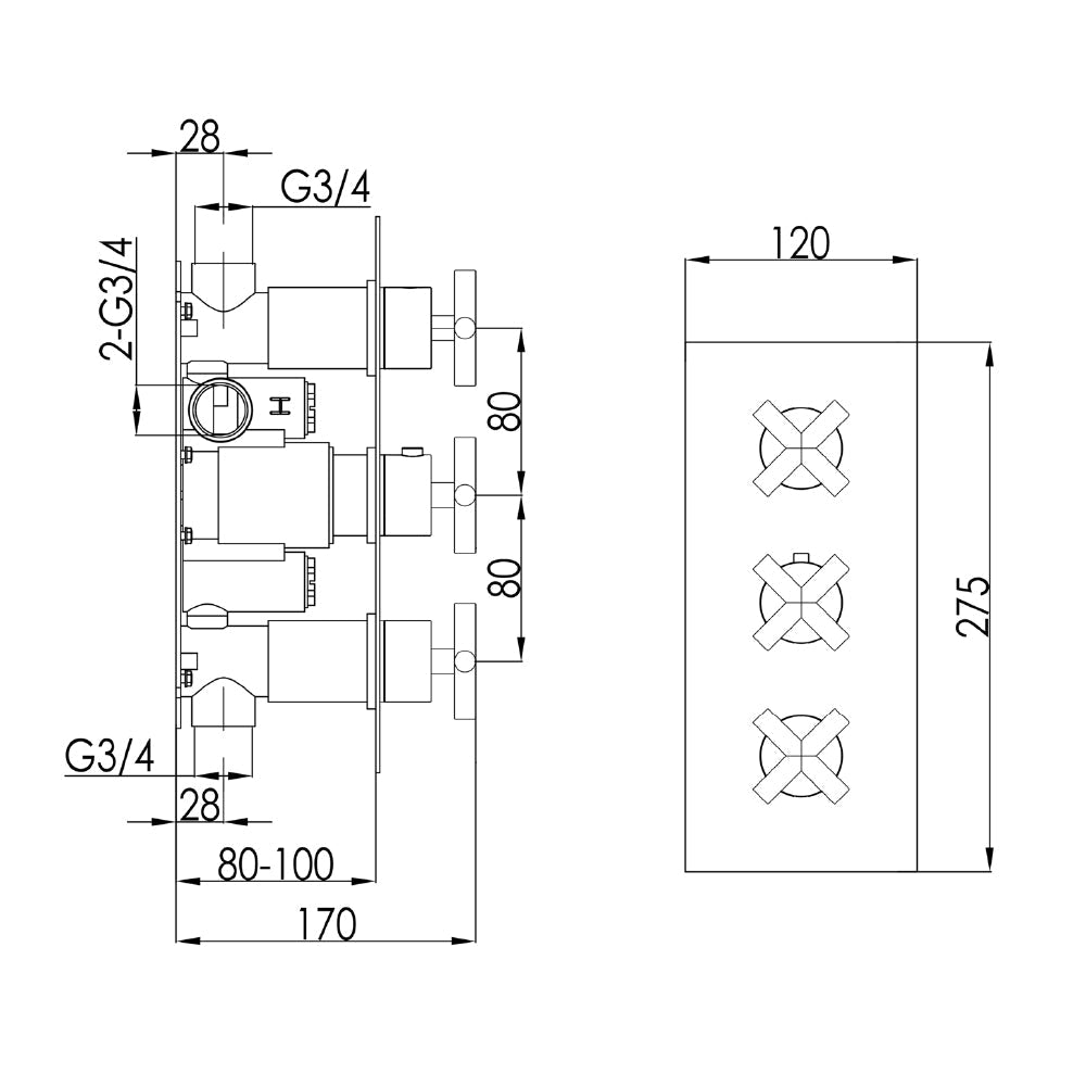 Thermostatic shower mixer valve - Technical drawing