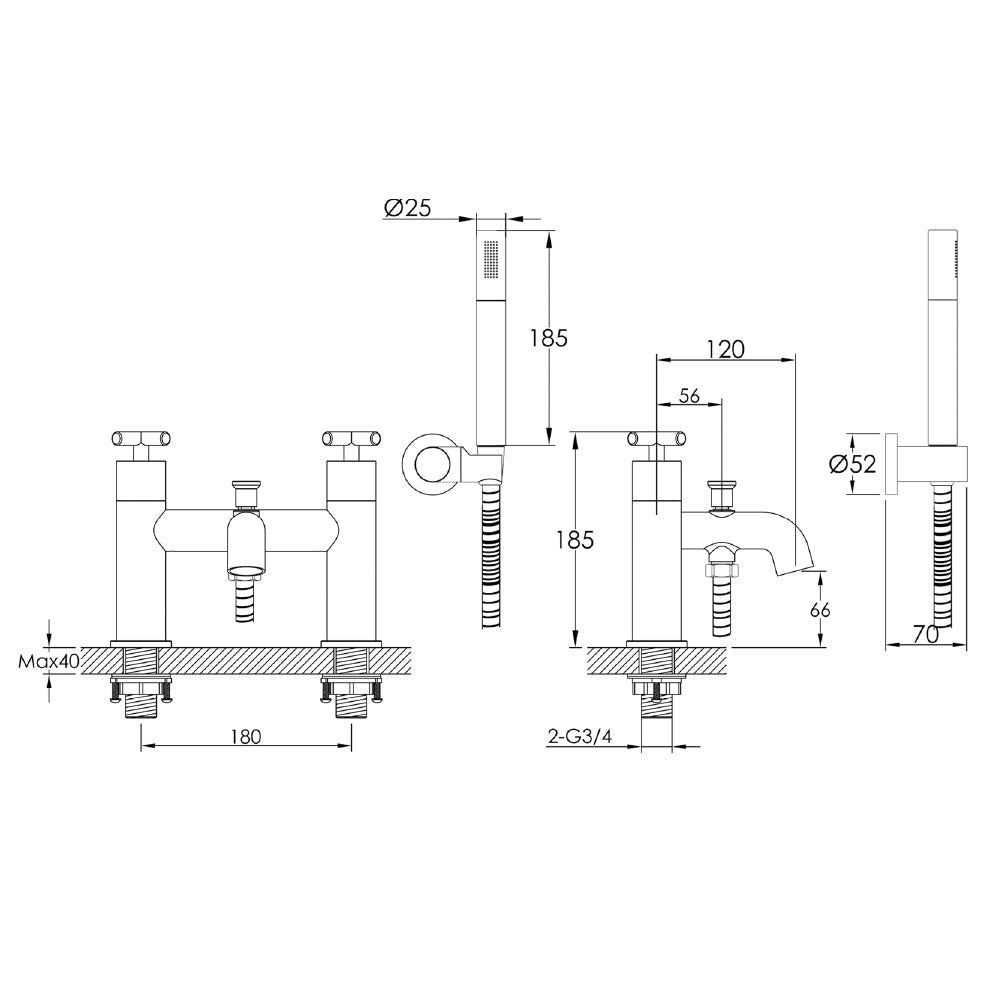 Modern black bath shower mixer kit - Technical drawing