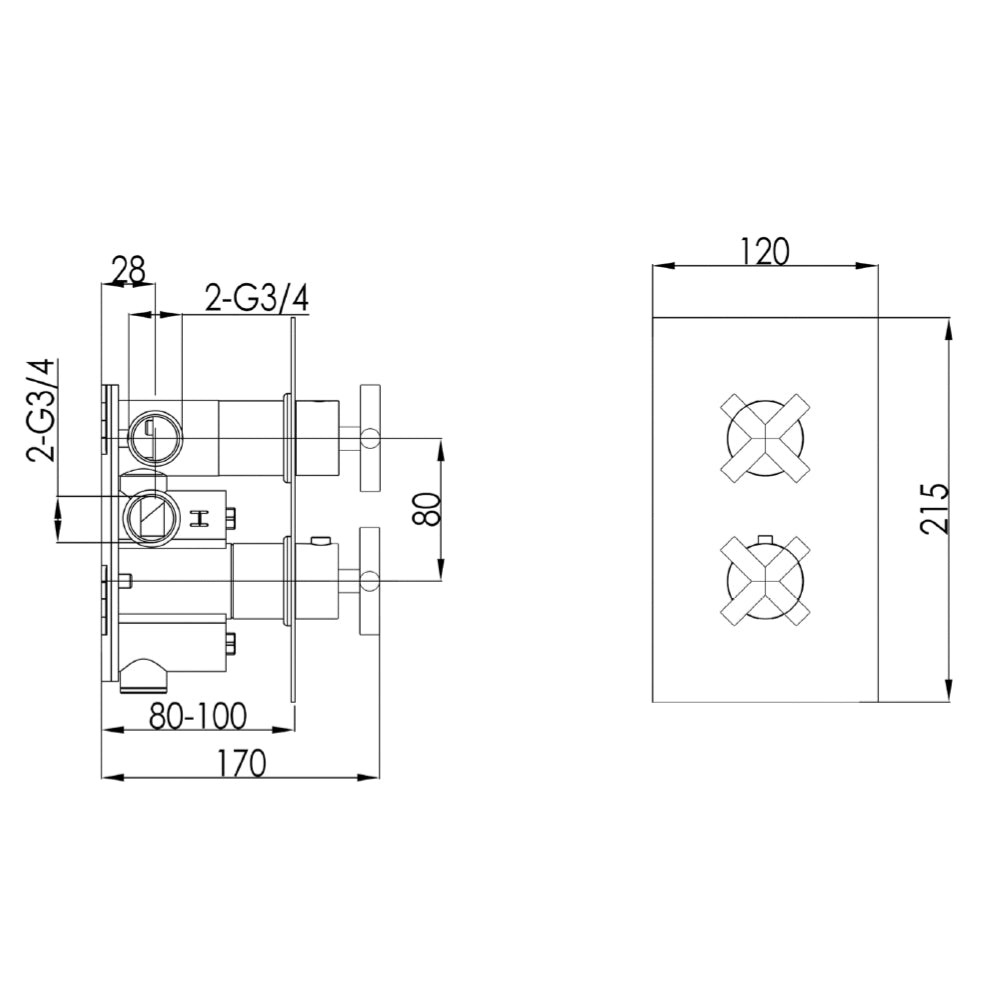 Black Thermostatic Concealed 2 Outlet Shower Valve - Technical drawing
