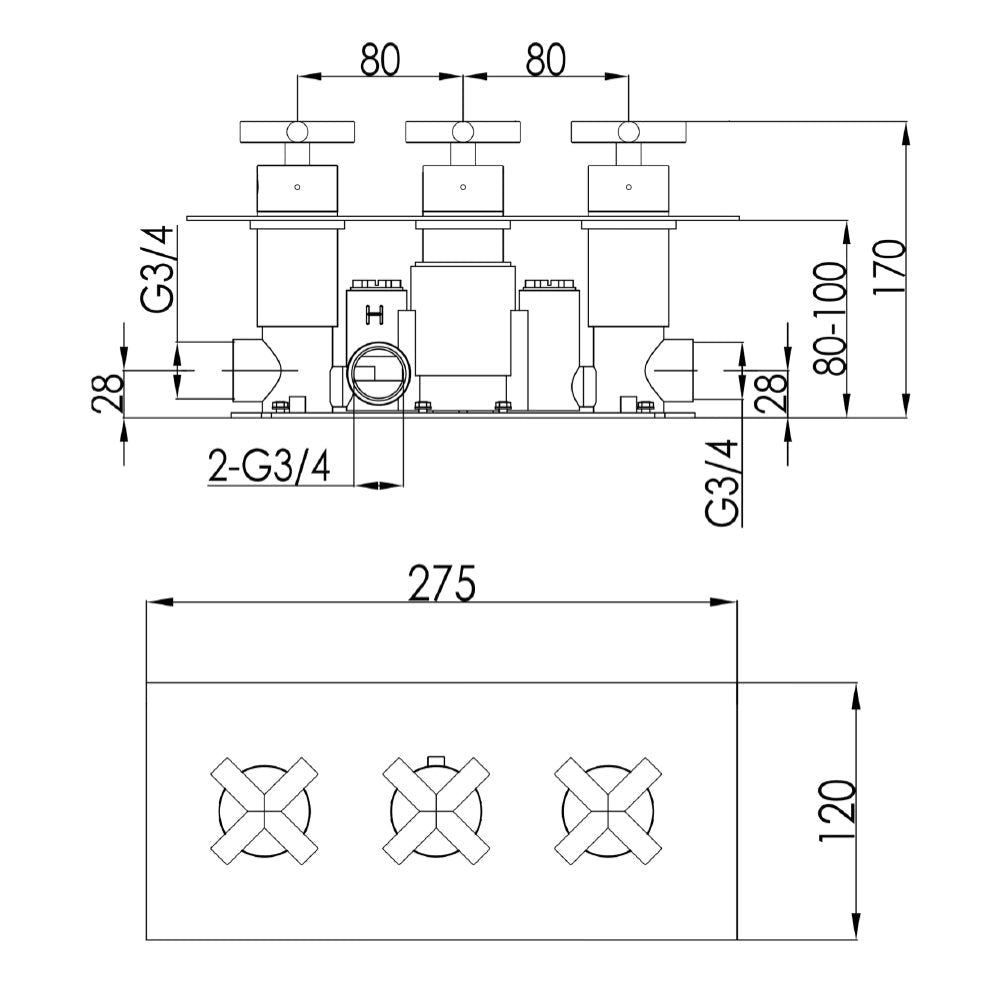 Black Thermostatic Concealed 2 Outlet Shower Valve, Horizontal - Technical drawing