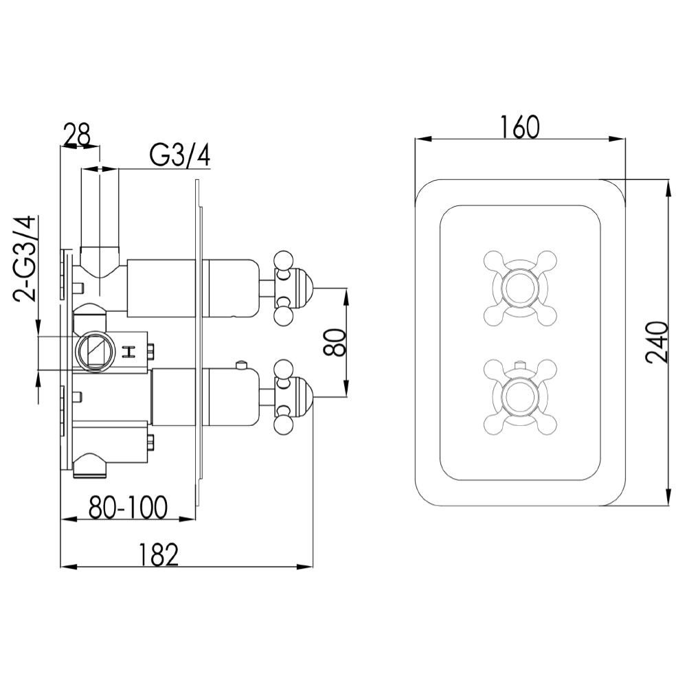 Vertical chrome shower valve - Technical drawing