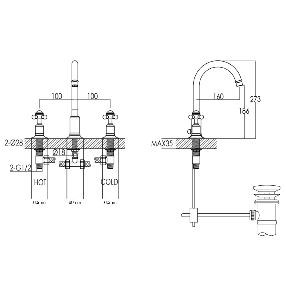 Victorain chrome bathroom sink tap - Technical drawing