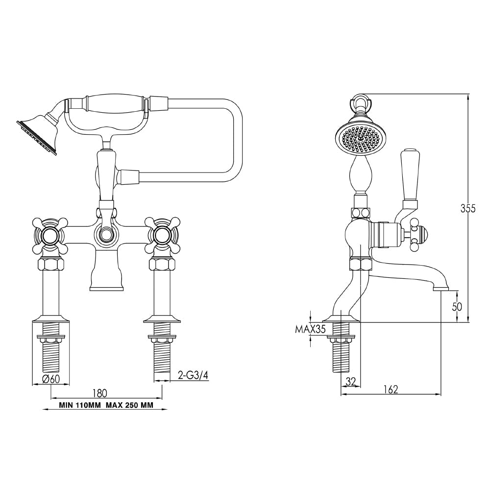 Bath filler shower mixer tap - Technical drawing