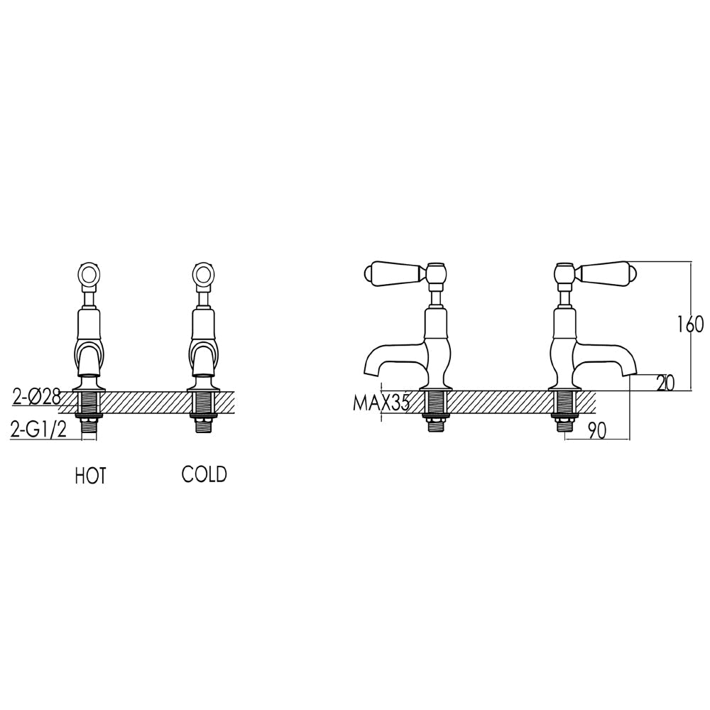 Deck mounted pillar tap - Technical drawing