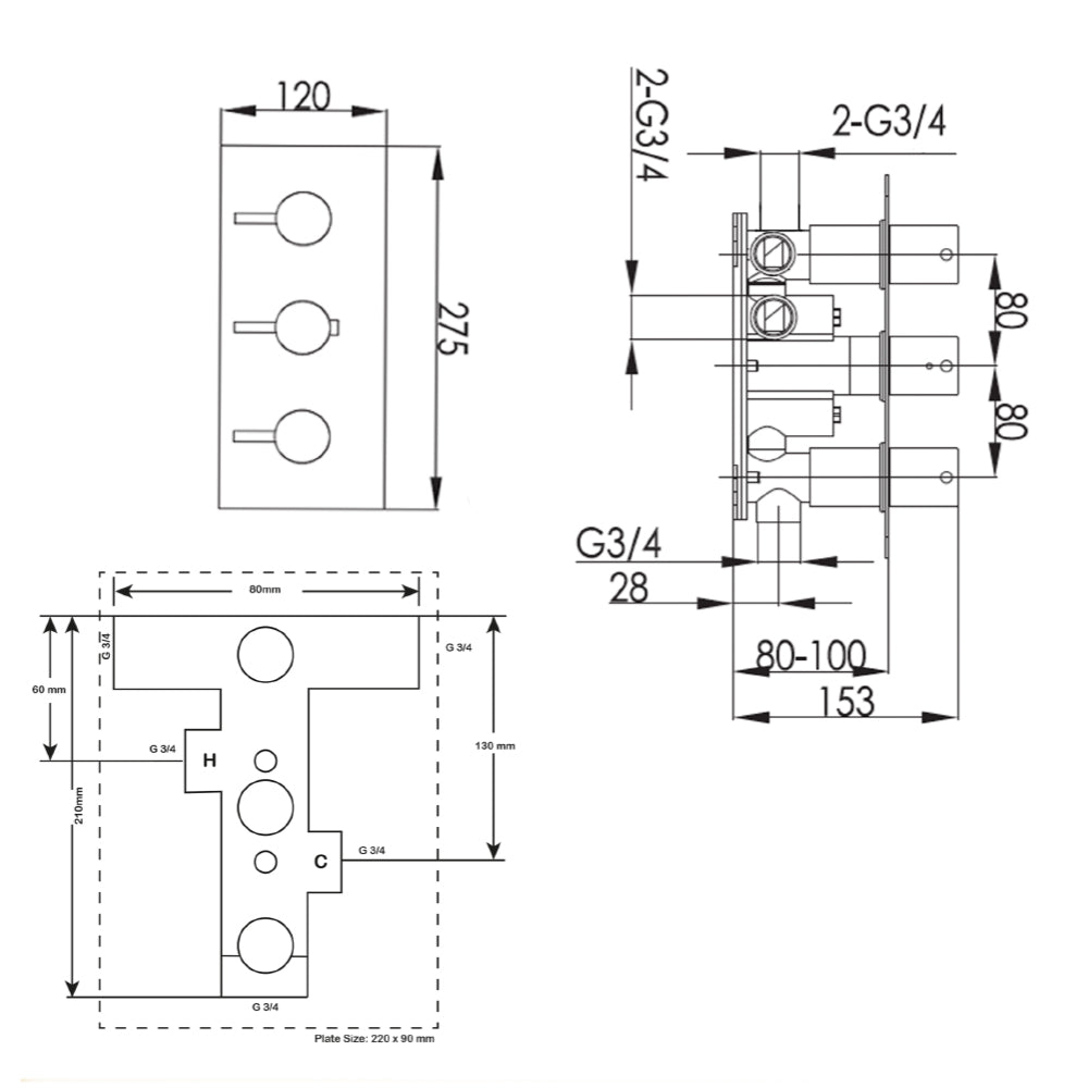 Black concealed shower mixer - Technical drawing