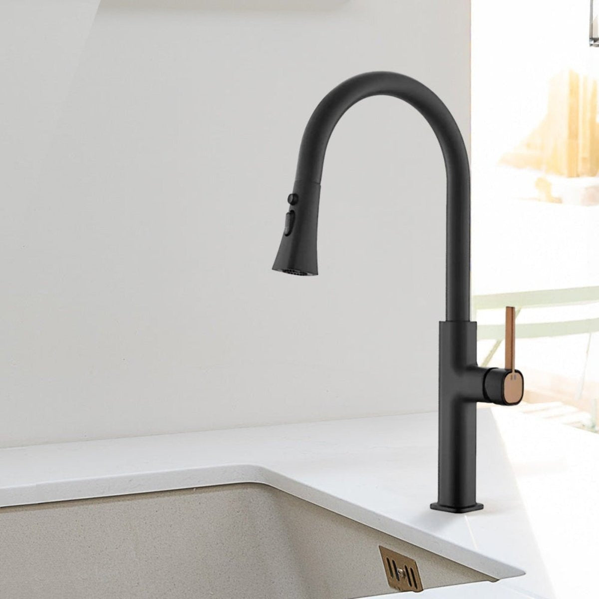 Black and rose gold pull out kitchen tap