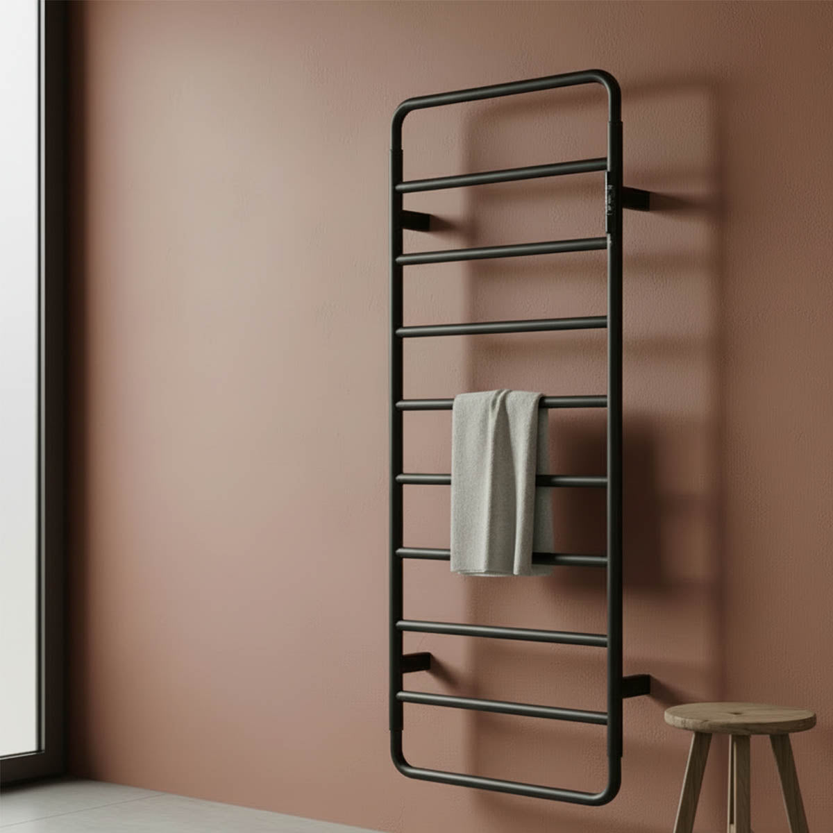 Black electric towel rail with thermostat