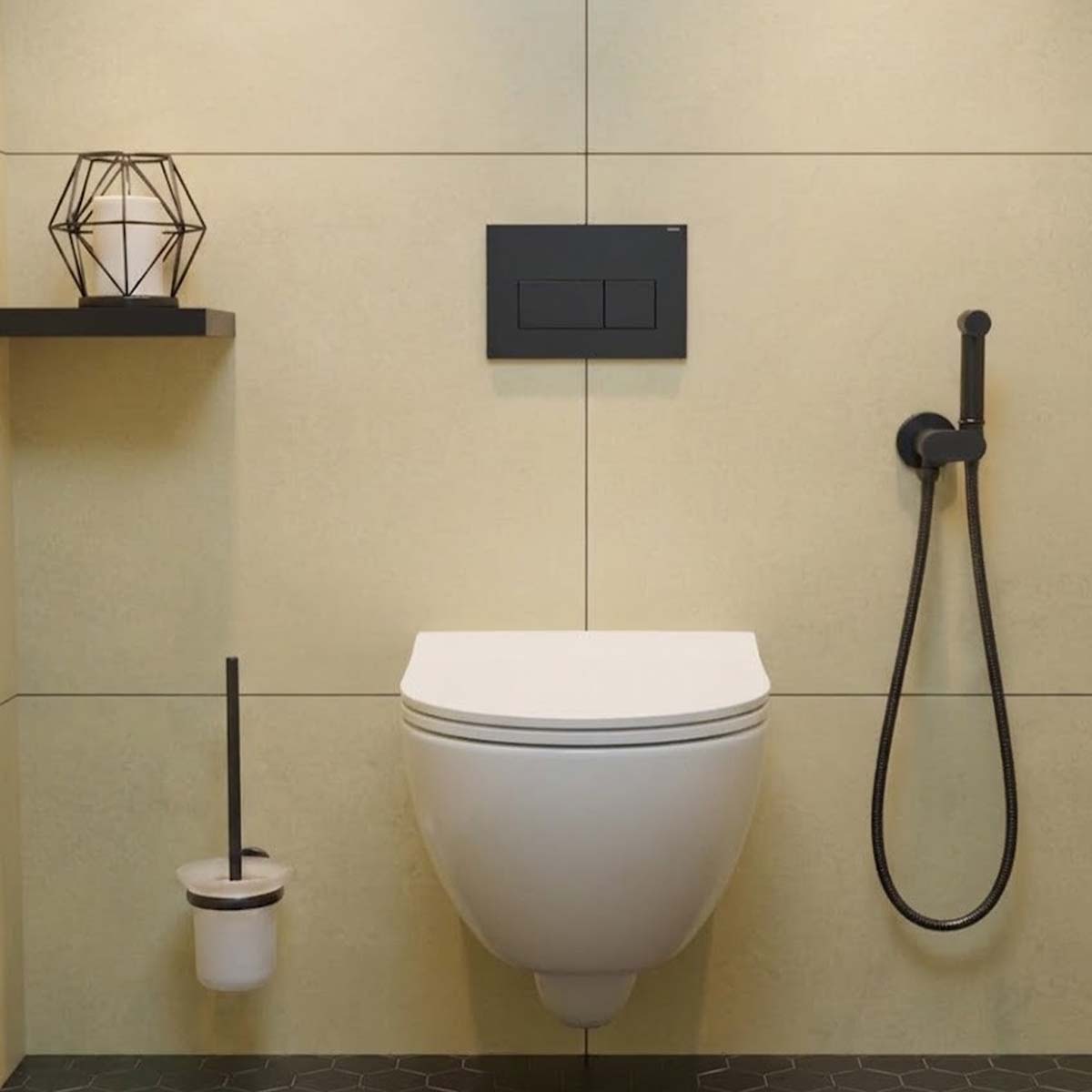 Brushed Black Toilet Brush Holder with Brush Set & Douche Kit with Safety Stop