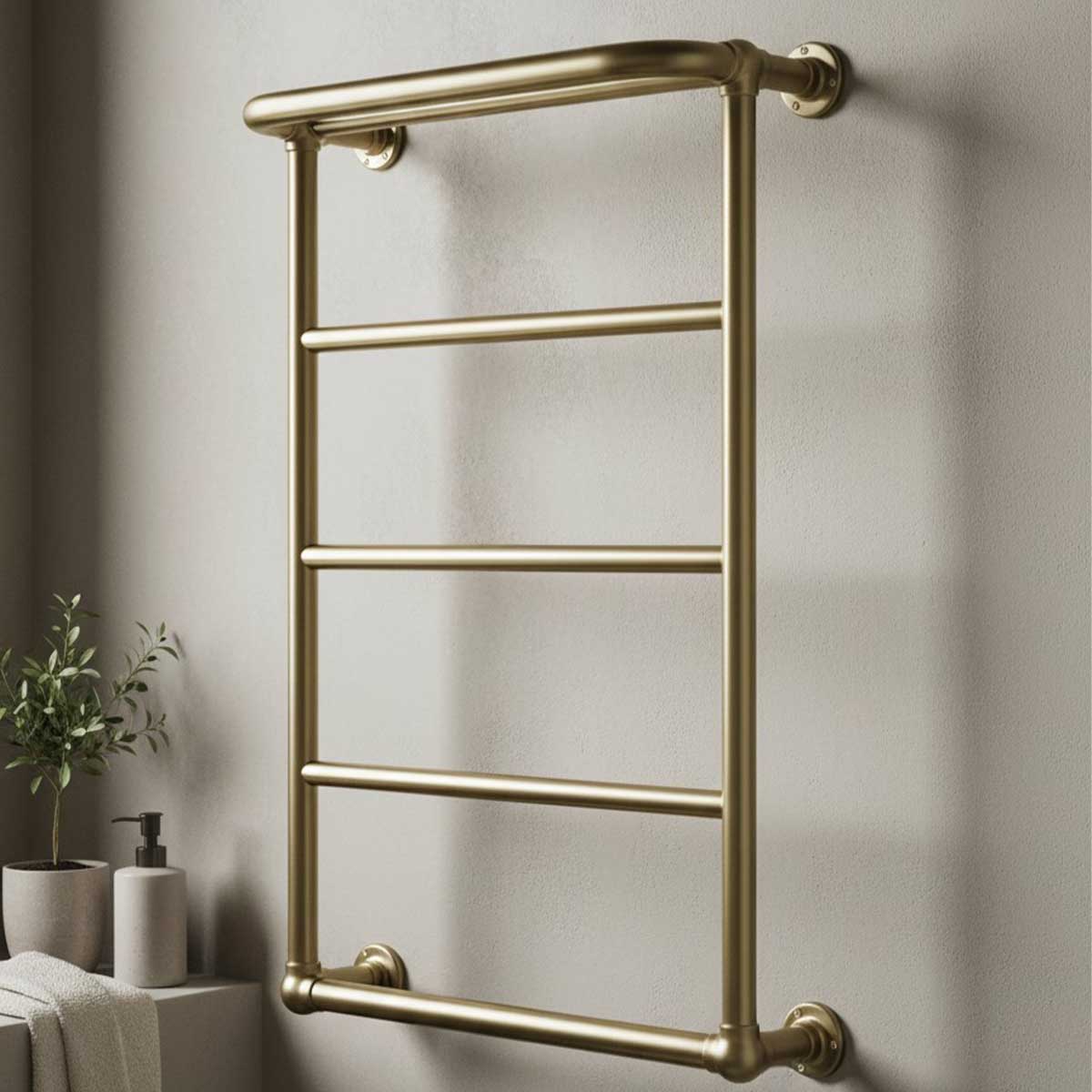 Brushed brass Victorian towel rail radiator with overhanging rail