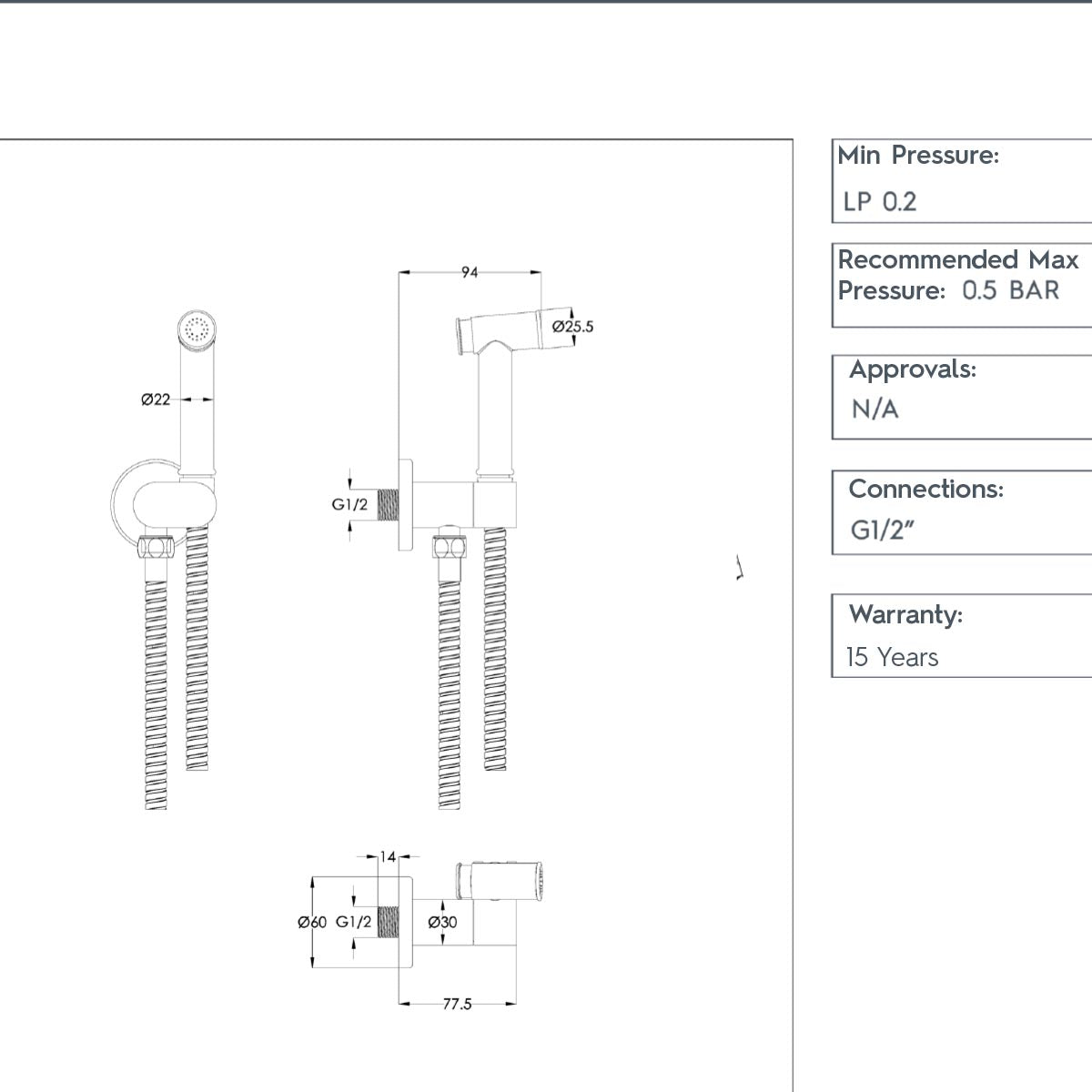 Brushed brass douche spray technical details
