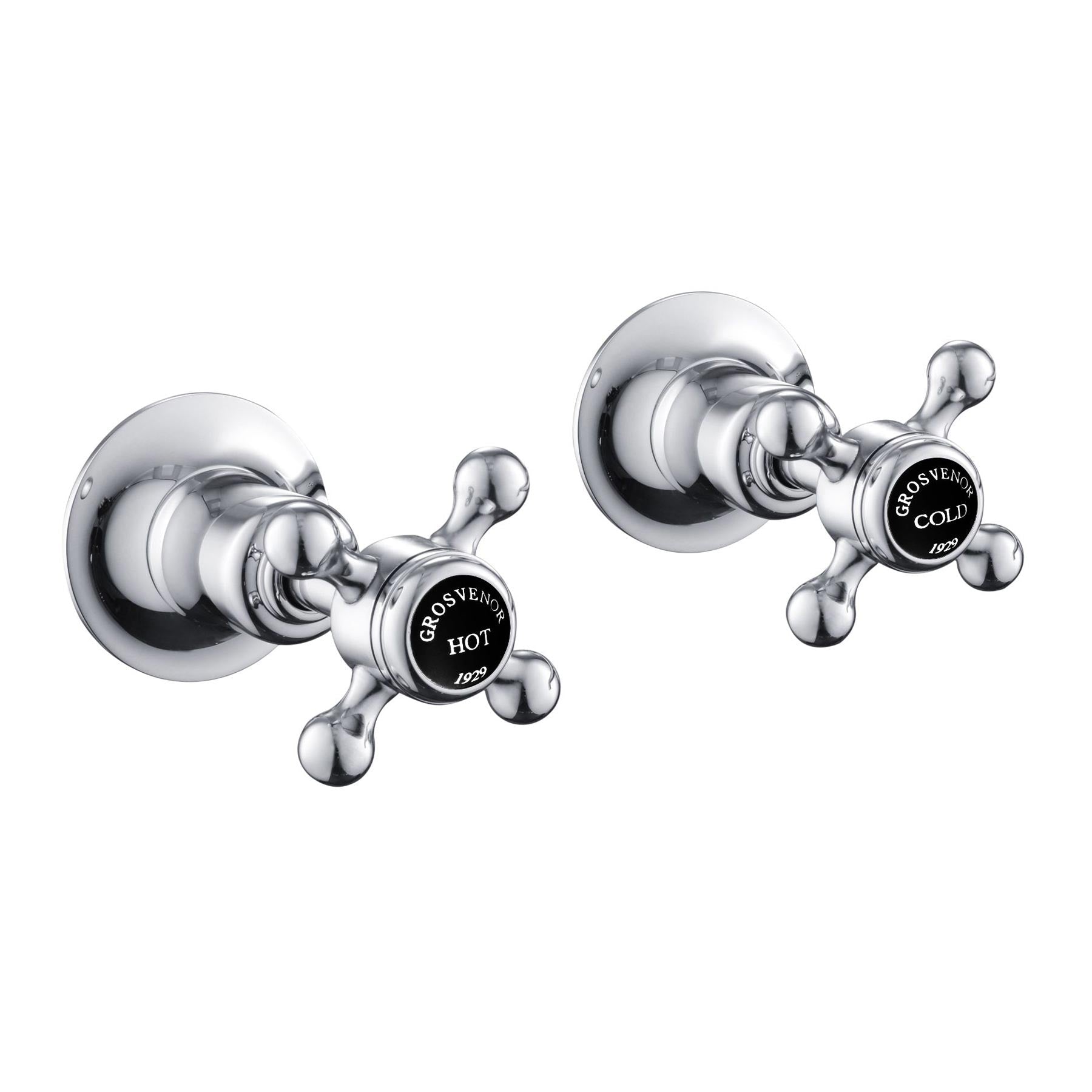 Chester Black Crosshead Wall Mounted Valves. These cross valves come in a pair – one for hot water another for cold water.