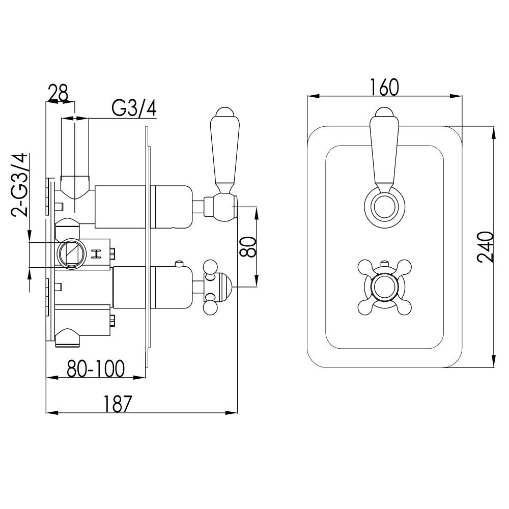 Concealed thermostatic shower valve - Technical drawing
