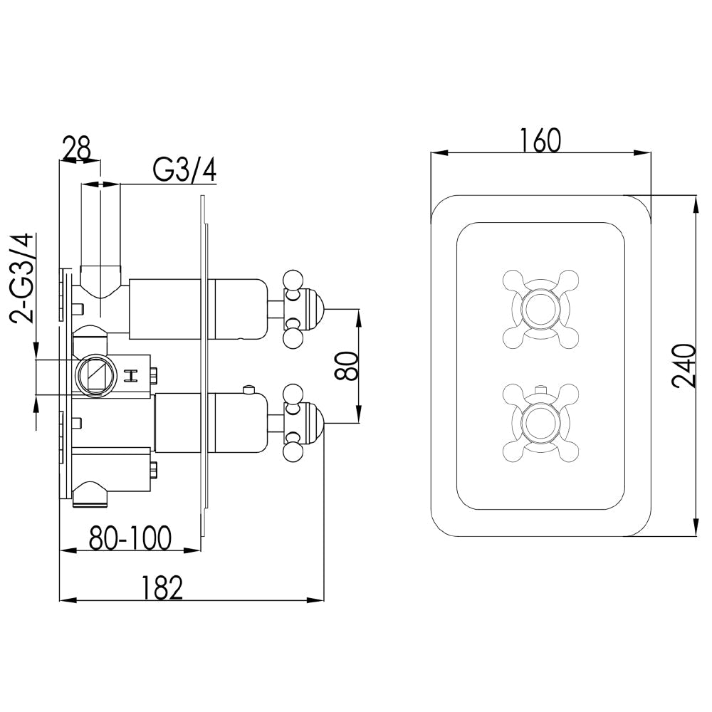 Chrome thermostatic shower mixer valve - Technical drawing