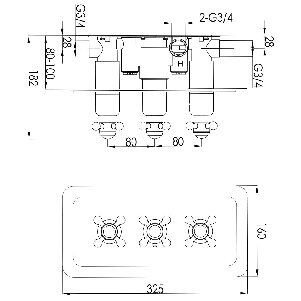 2 way shower control valve - Technical drawing