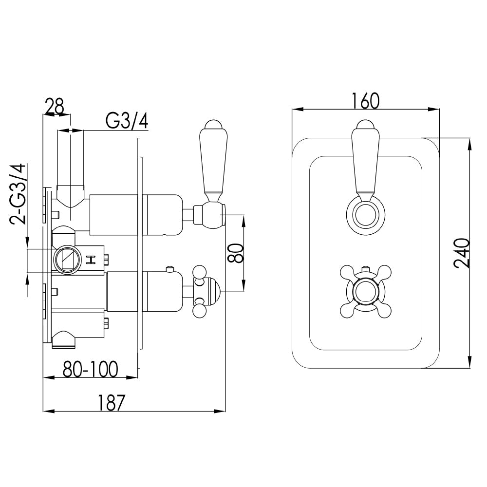 Concealed Thermostatic Shower Valve - Technical Drawing
