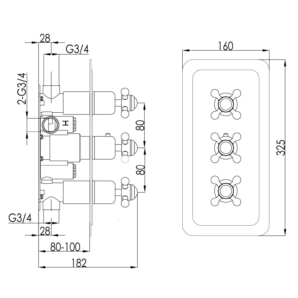 Concealed shower mixer valve -Technical drawing