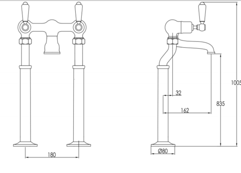 Polished chrome bath filler mixer tap - Techincal drawing