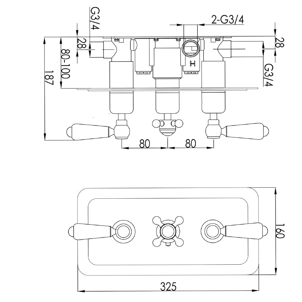 Thermostatic shower valve - Technical drawing
