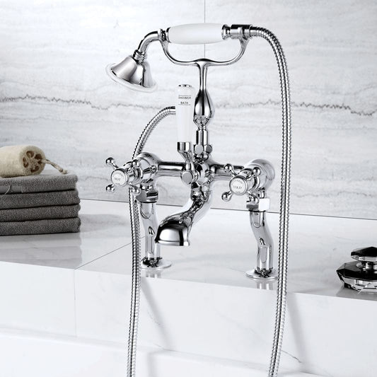 Deck-mounted bath mixer with shower handset