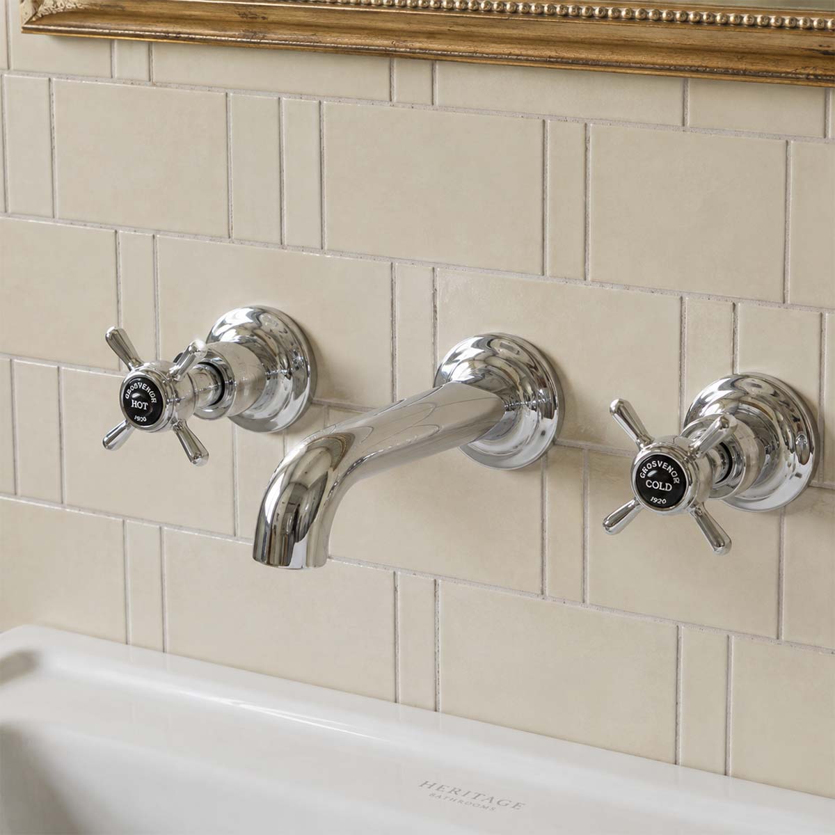 Chrome 3 hole basin mixer with pinch handles - wall mounted