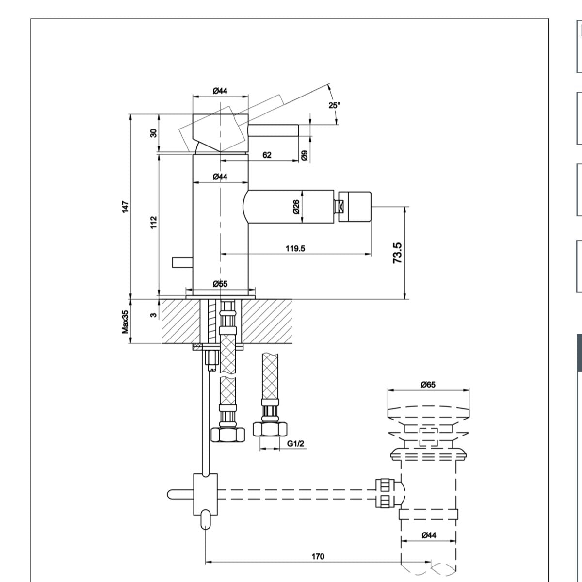 Chrome Single Lever Bidet Mixer Tap with Pop up Waste - technical details