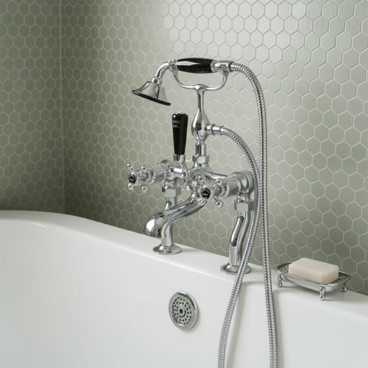 Chrome traditional deck-mounted bath tap with shower kit - Ireland