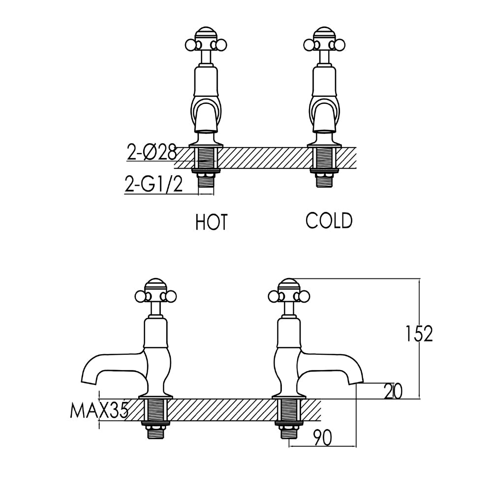 Crosshead Basin Pillar Tap - Technical Drawing