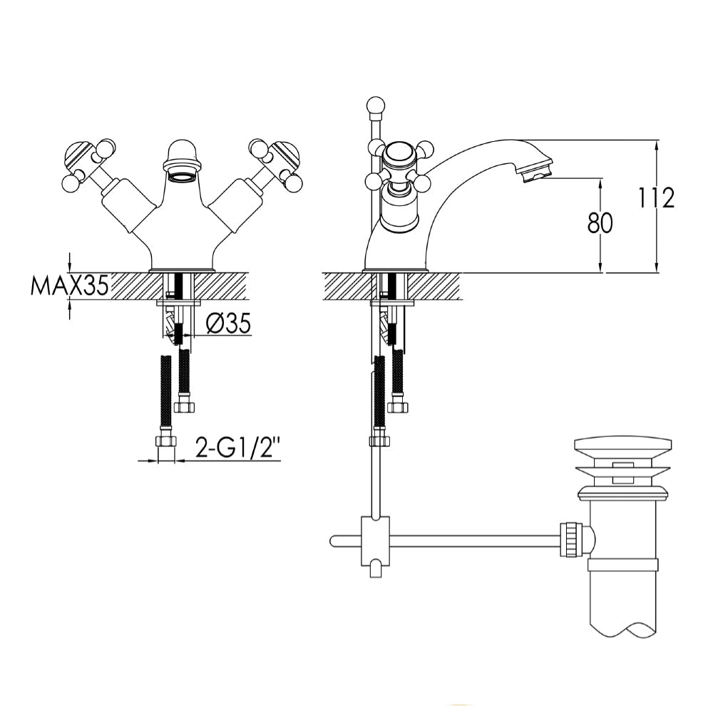 Traditional Chrome Basin Mixer Tap - Technical Drawing