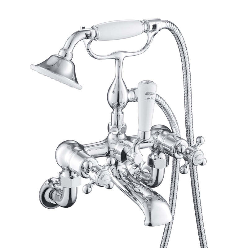 Polished chrome bath mixer with shower handset