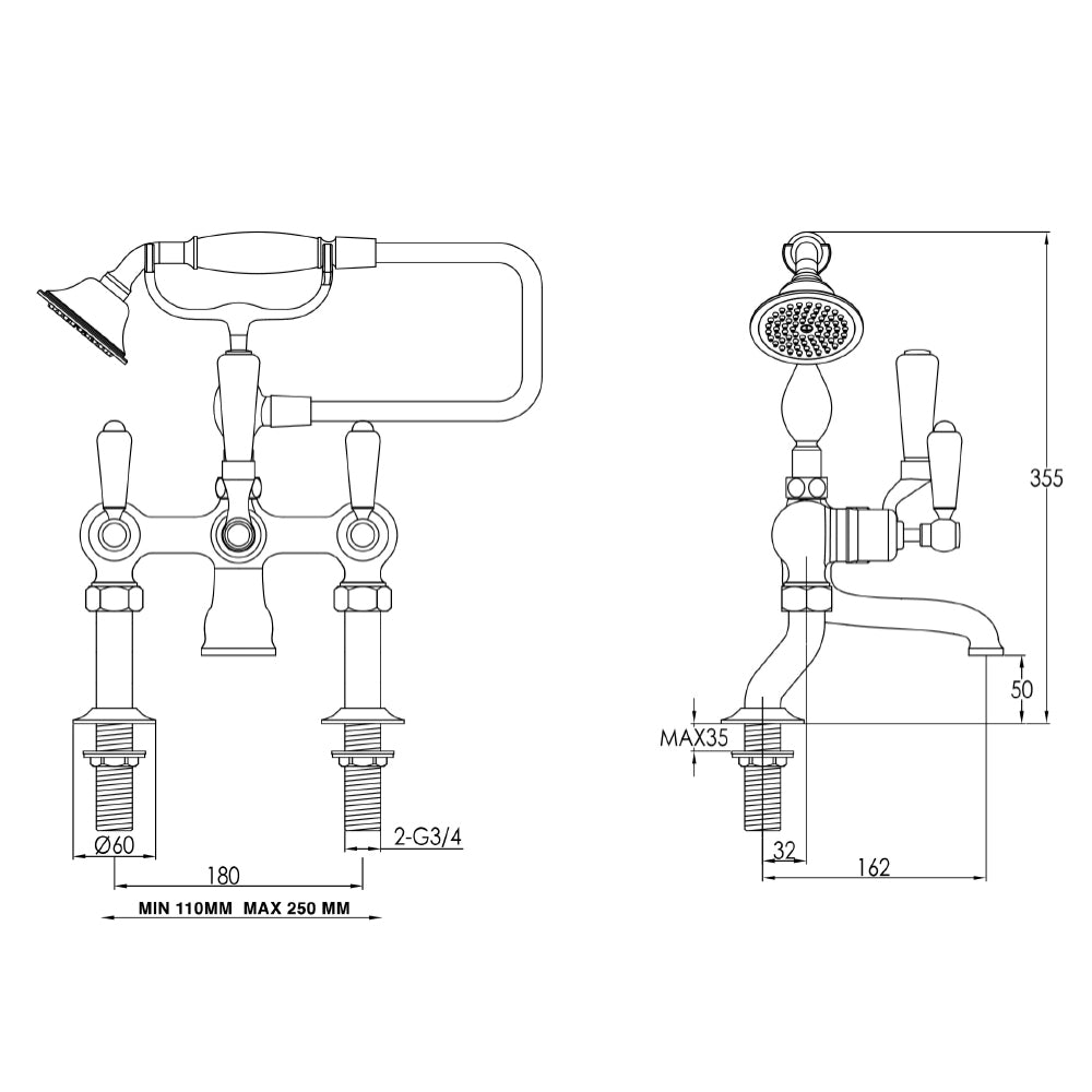 Brass victorian bath tap kit - Technical drawing