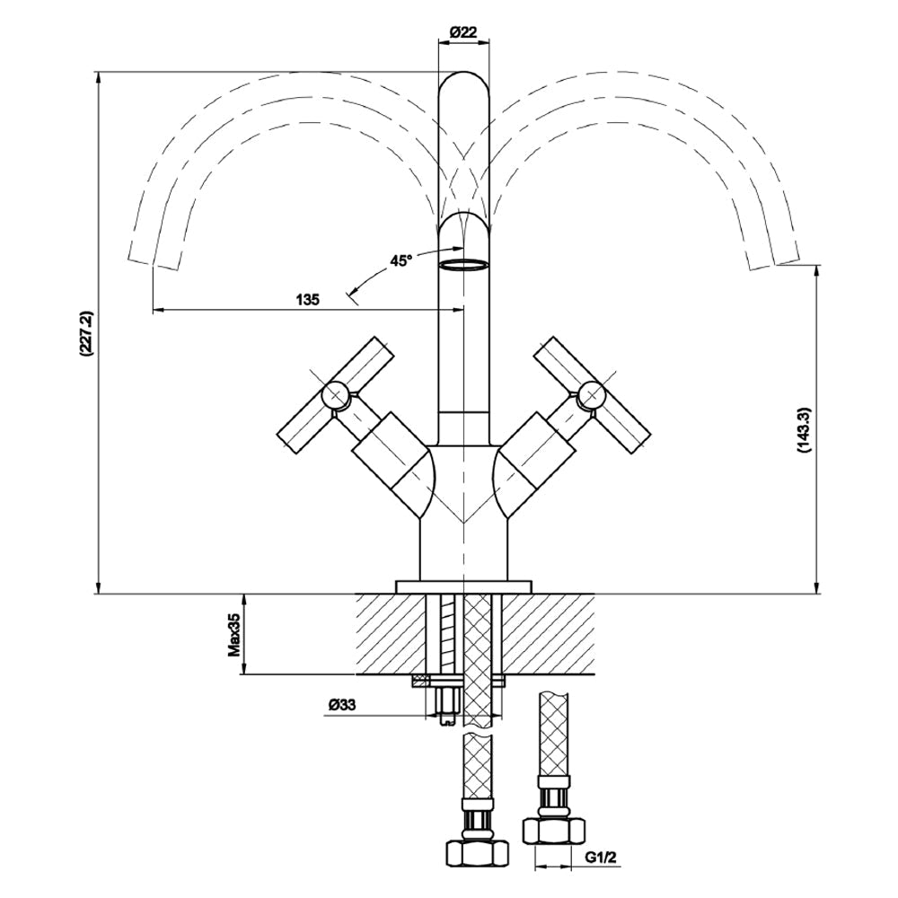 Chrome washbasin tap - Technical drawing