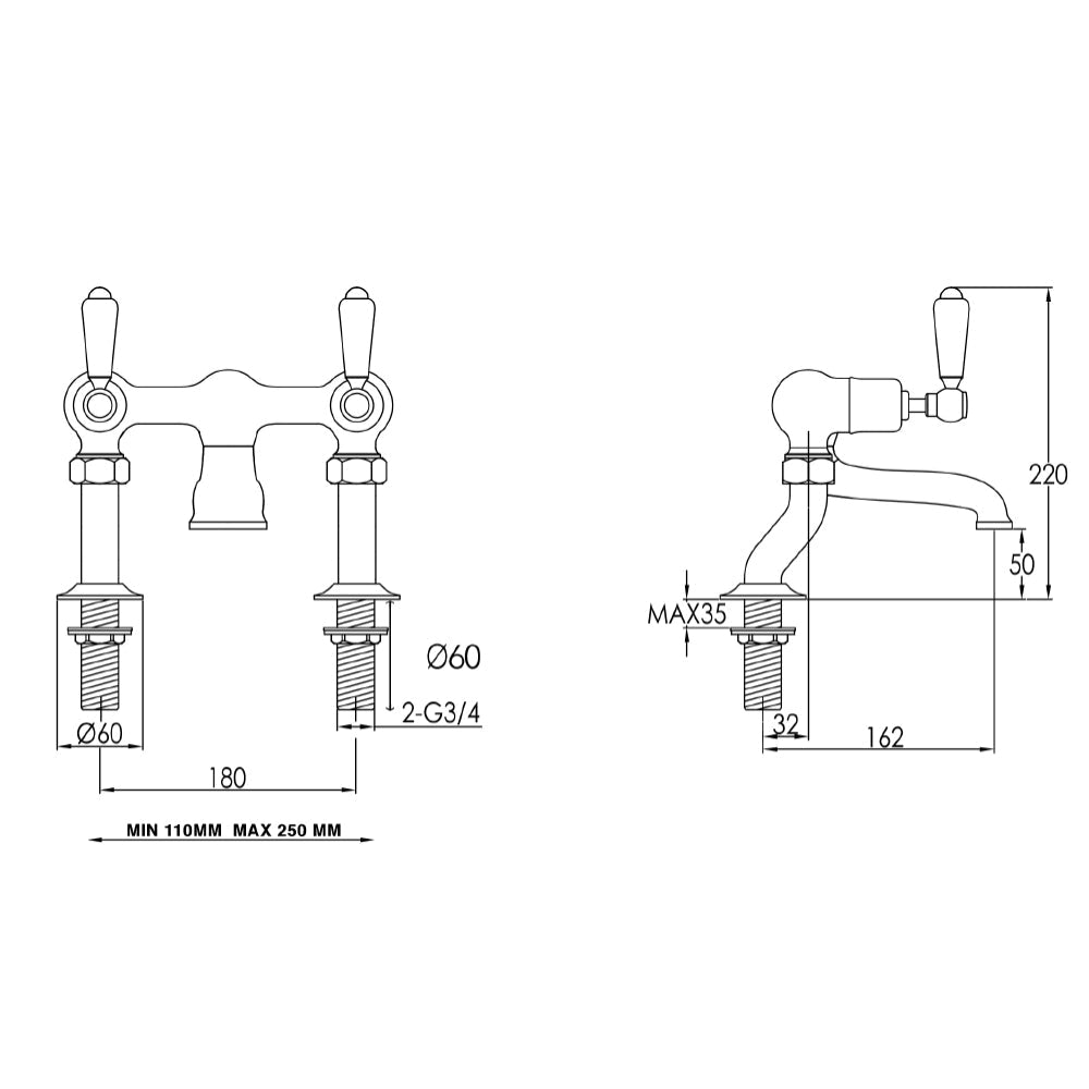 Deck-mounted bath filler mixer tap -Technical drawing