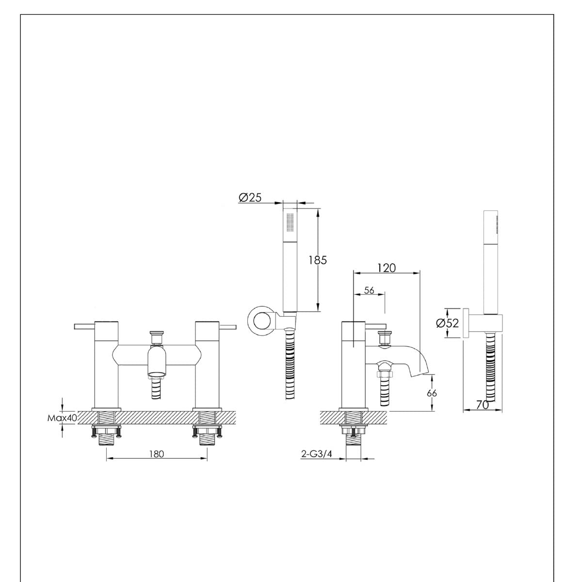 Deck Mounted Bath Shower Mixer Tap with Shower Kit - Brushed Bronze technical details